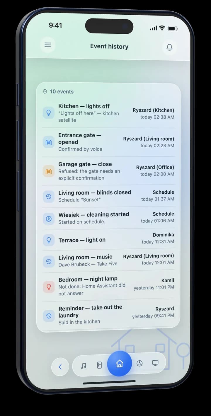 The Event history screen listing actions and refusals