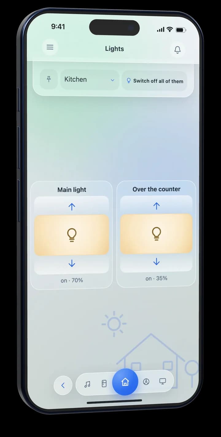 The Lights screen for the kitchen with two dimmers