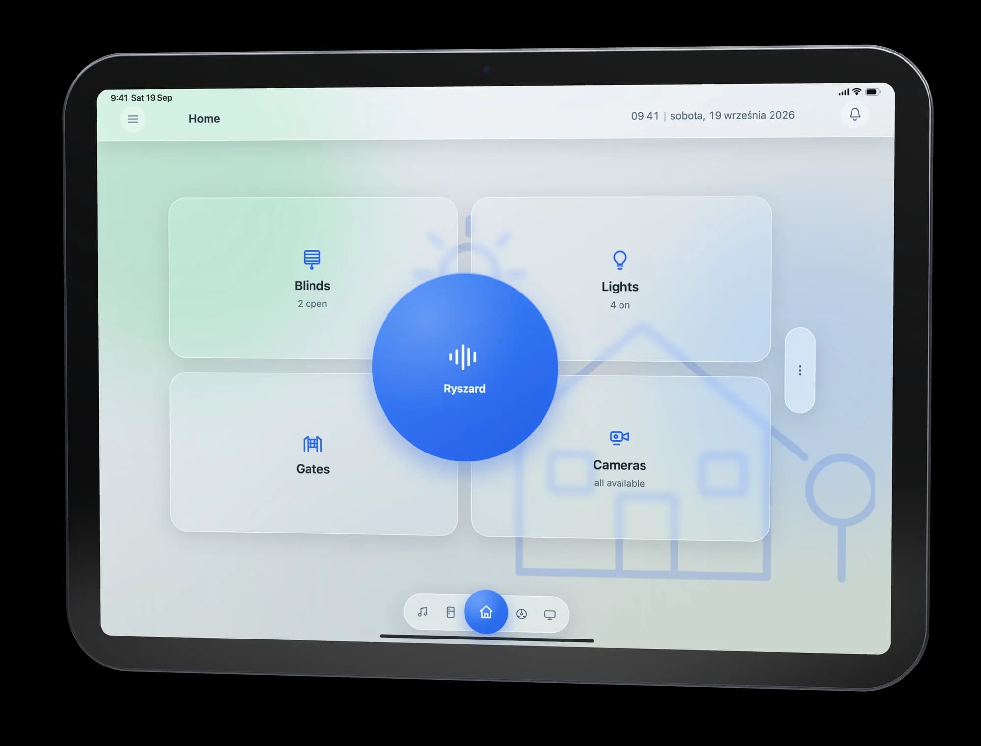 The Ryszard OS app on a wall panel: blinds, lights, gates and cameras around the Ryszard button
