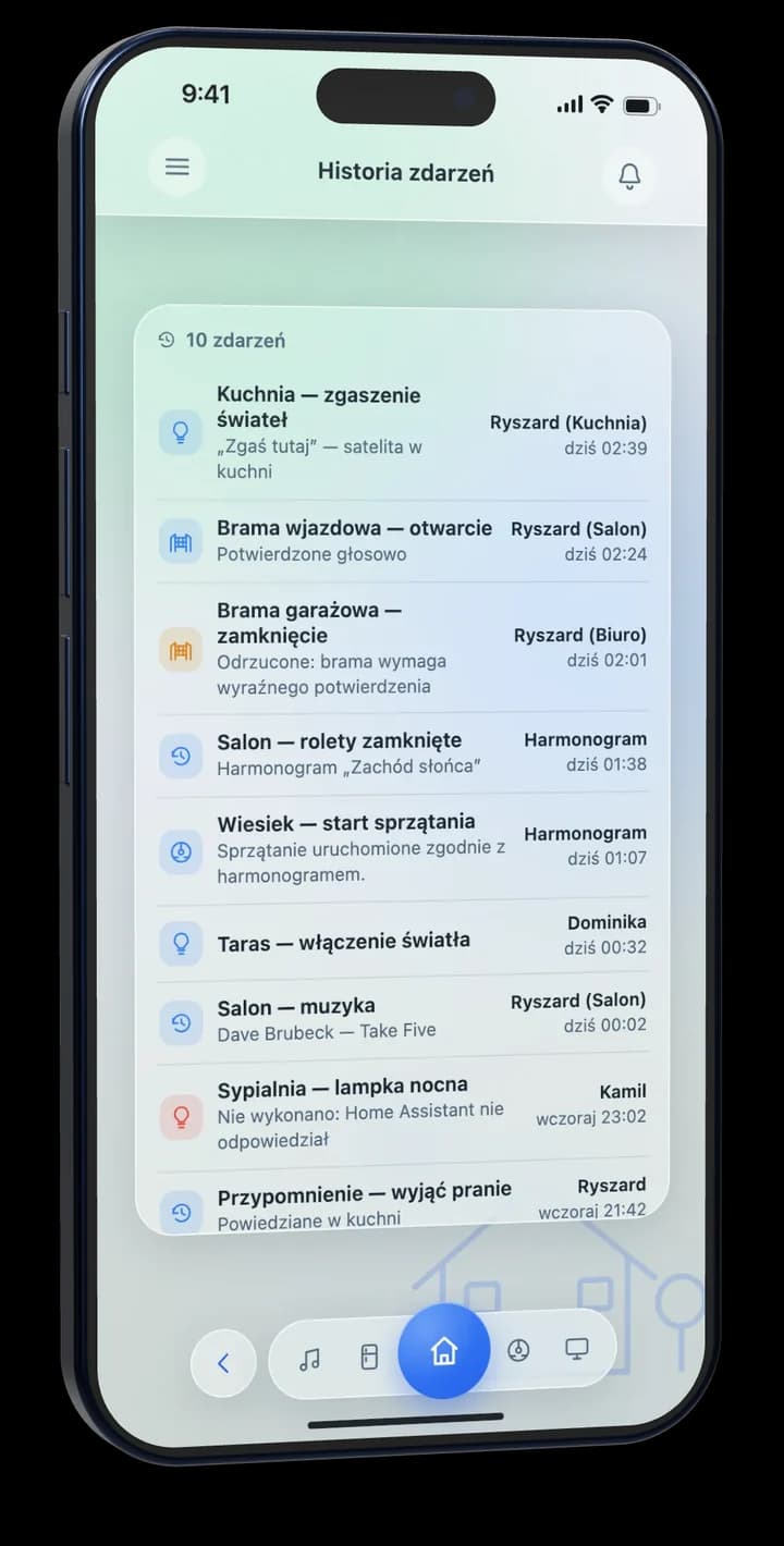 Ekran Historia zdarzeń z listą akcji i odmów