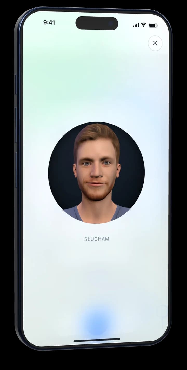 Ekran rozmowy z Ryszardem — twarz awatara i status „słucham”